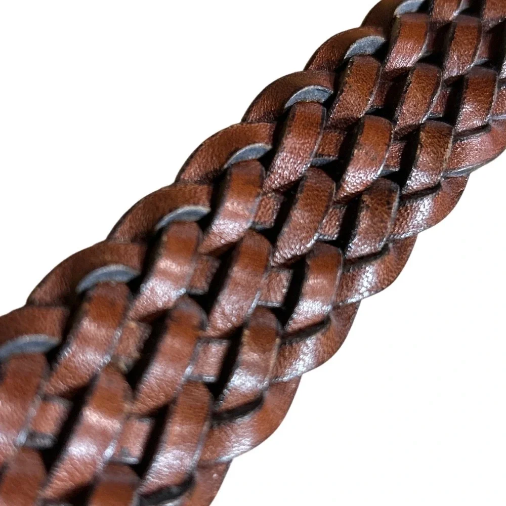 Covered Round Buckle Braided Leather Belt Cognac Brown Size‎ L (up to 36